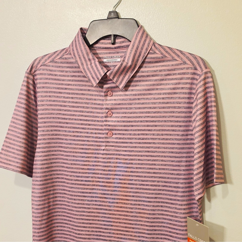 Falls Creek Performance Men's Short Sleeve Polo Shirt Pink/Gray Striped S #190